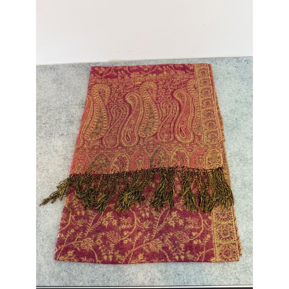 Pashmina Shawl Wrap Burgundy Red Gold Paisley Floral Jacquard Fringe Scarf